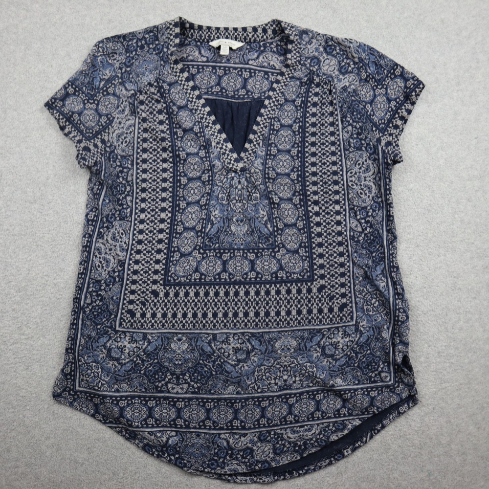 Lucky Brand Top Womens Small Blue Paisley Boho V-Neck Short Sleeve Cotton Linen